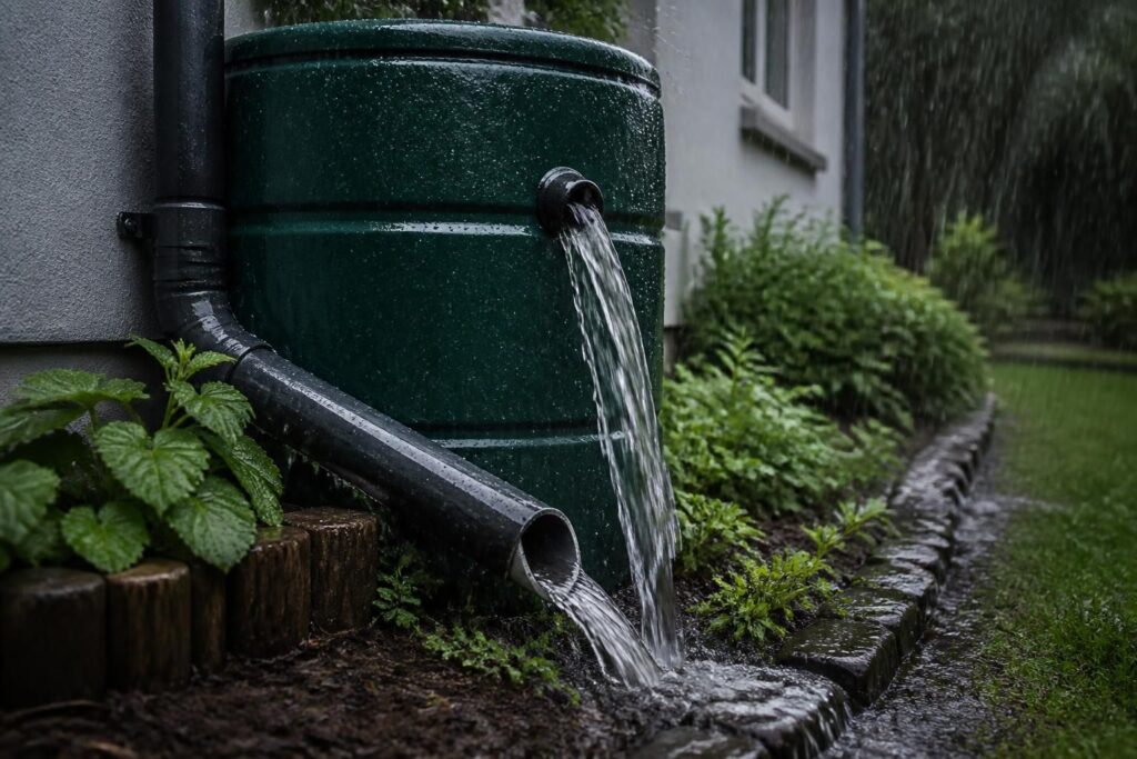 Regentonne läuft bei Starkregen über: Mit diesem einfachen Überlauf schützen Sie Fundament und Gartenbeet